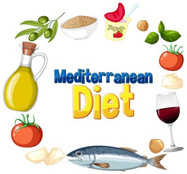 Canlı renkleri ve dengeli kompozisyonu olan Akdeniz diyet gıdalarının vektör çizimi, sağlıklı beslenme kavramlarını vurguluyor