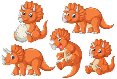 Sevimli triceratops karakterleri çeşitli oyuncu pozlar, canlı renkler ve çizgi film tarzı. Çocuk medyası ve eğitim materyalleri için mükemmel
