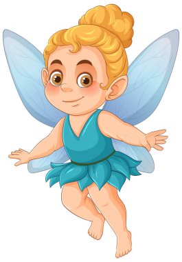 Mavi kanatlı ve sarı saçlı şirin bir perinin vektör çizimi. Parlak renkler ve oyuncu tasarım kaprisli temayı geliştirir