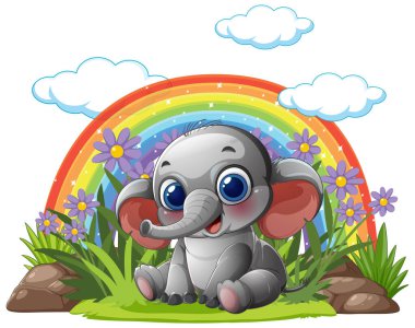 Çiçekler ve gökkuşağıyla oturan sevimli fil