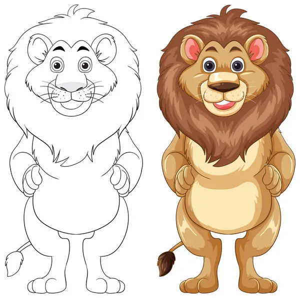 Renkli ve çizgili çizgi film aslanı dik duruyor.