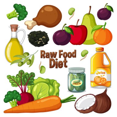 Meyve, sebze ve yağlar da dahil olmak üzere ham gıda maddelerinin canlı vektör çizimi. Parlak renkler ve temiz bileşim görsel cazibeyi artırır