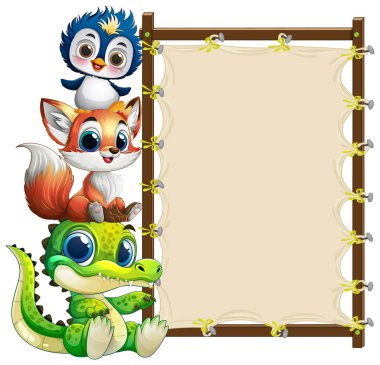 Boş bir tuvalin yanına dizilmiş sevimli hayvanlar.