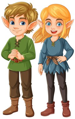 Renkli kıyafetler giymiş iki neşeli elf, neşeli renkleri ve neşeli ifadeleri olan kaprisli bir fantezi tarzı sergiliyorlar.