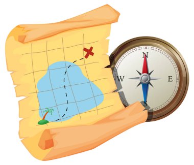 Canlı renkler ve detaylı tasarım unsurları içeren antika bir hazine haritası ve pusula tasviri