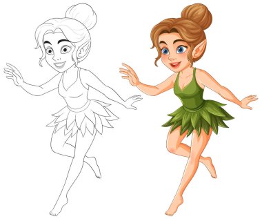 Kahverengi saçlı, yeşil elbiseli, hayat dolu bir peri. Çok yönlü kullanım için renkli ve özet sürümleri içerir