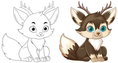 Boynuzlu şirin bir geyiğin çekici vektör çizimi. Canlı renkler ve neşeli, kaprisli bir tarz.