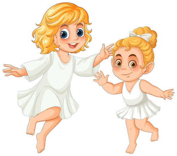 Two cartoon fairies with golden hair in white dresses joyfully dancing, showcasing vibrant expressions and dynamic movement