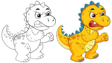 Cesur renkler ve ayrıntılı çizgilerle, oyuncu ve dinamik ifadeler sergileyen bir karikatür dinozorunun canlı vektör çizimi