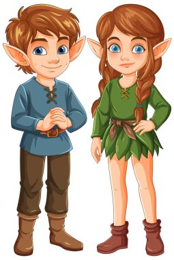 Ortaçağ kıyafetleri giymiş, etkileyici özellikleri olan iki çizgi film elfi. Parlak renkler ve detaylı gölgeleme onların tuhaf görünümlerini güçlendirir