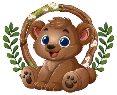 Çiçek elementleriyle çevrili şirin ayı yavrusu.