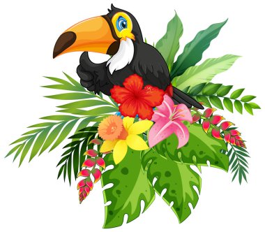 Canlı tropikal çiçekler ve yemyeşil çiçeklerle çevrili renkli bir tukan.