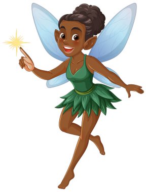 Yeşil giysili, şeffaf kanatlı tuhaf bir peri beyaz arka planda parlayan bir değnek tutar.