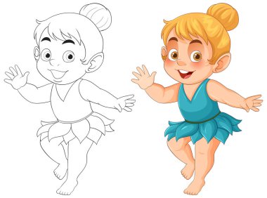Canlı renkleri ve neşeli ifadesiyle neşeli bir peri çocuğunun renkli vektör çizimi, kaprisli cazibe ve gençlik enerjisini vurguluyor.