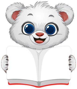 Sevimli ayı açık bir kitap tutuyor, mutlu bir şekilde gülümsüyor.