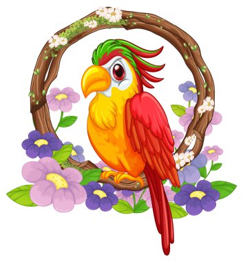 Çiçekler ve dekoratif ahşap çelenk resimleriyle çevrili canlı bir papağan.