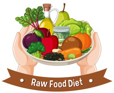 Sağlıklı beslenme ve çiğ gıda diyetlerini vurgulayarak, bir kasede çeşitli taze sebze ve meyvelerin canlı vektör çizimi