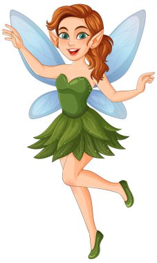 Canlı renklerle büyüleyici bir peri çizimi, yeşil bir elbise ve mavi kanatları var. Neşeli duruş ve neşeli ifade