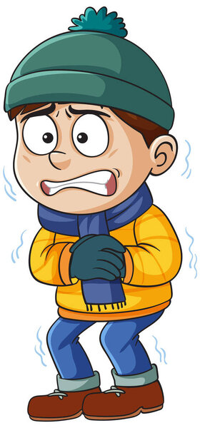 Карикатурист дрожит в зимнем наряде, демонстрирует холодную погоду. Яркие цвета и выразительный стиль подчеркивают холодную атмосферу