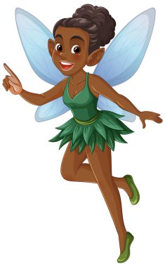 Mavi kanatlı, yeşil elbiseli neşeli bir perinin temsili sunumu. Canlı renkler ve neşeli kompozisyon.