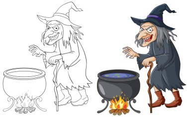 Ateşin üzerinde kazan karıştıran, canlı renkler gösteren ve ayrıntılı çizgiler çizen bir cadının vektör çizimi.