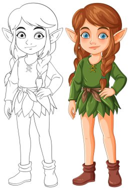 Yeşil elbiseli genç bir perinin vektör illüstrasyonunda canlı renkler ve fantezi temalar için detaylı çizgi sanatı sergileniyor.