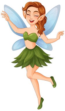 Canlı renklerle büyüleyici peri çizimi, yeşil bir elbise ve mavi kanatlar, neşe ve kaprisleri ifade ediyor.