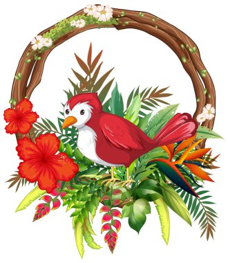 Canlı tropikal çiçekler ve yapraklarla çevrili kırmızı kuş tasviri