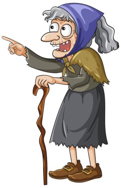 Bastonlu, mavi başörtüsü ve kahverengi ayakkabılı, ileri bakan yaşlı bir kadının çizgi film çizimi.