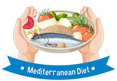 Canlı renklerde balık, sebze ve peynirin yer aldığı Akdeniz diyet malzemelerinin vektör illüstrasyonu