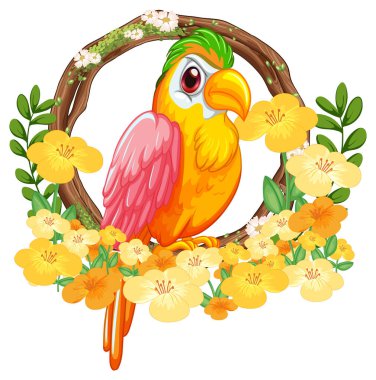 Sarı çiçeklerle süslenmiş canlı bir papağanın tasviri