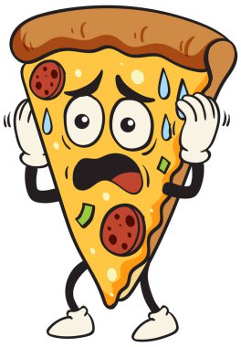 Şok olmuş yüzü, canlı renkleri ve oyuncu tasarım unsurları olan bir pizza diliminin vektör çizimi