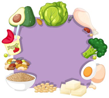 Mor bir çerçeve etrafında sıralanmış çeşitli sağlıklı yiyeceklerin renkli vektör çizimi. Sebze, tahıl ve protein içerir