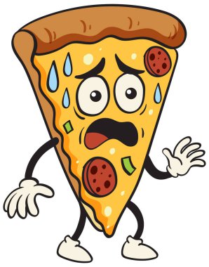 Kolları ve bacakları olan bir pizza diliminin vektör çizimi, şaşırmış bir ifadeyi gösteriyor. Parlak renkler ve kalın çizgiler