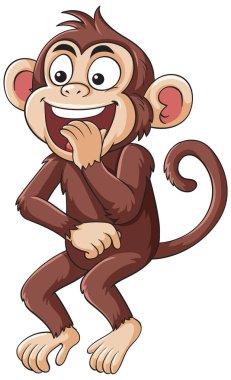 Oyuncu çizgi film karakteri, anlamlı yüz, el kaplama ağız, ve kıvrık kuyruk, beyaz arka planda canlı düz vektör tarzı çizilmiş