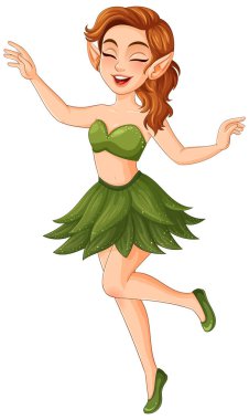 Yeşil yaprak elbiseli neşeli bir peri neşeyle dans eder. Canlı renkler ve neşeli kompozisyon kaprisli stili geliştirir