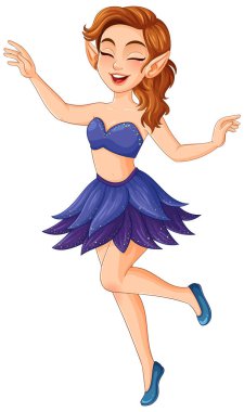 Sivri kulaklı, parlak mavi elbisesi olan neşeli bir peri neşeli ve büyülü bir poz veriyor.