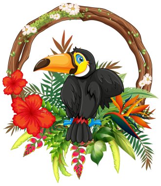 Tukan kuşunun canlı tropikal çiçekler ve yapraklarla çevrili hali