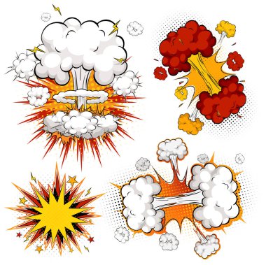 Patlayıcı patlamaların ve dinamik çizgi roman tarzında mantar bulutlarının renkli vektör çizimleri, yarım tonlu noktalar ve canlı renkler kullanılıyor.