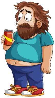 Gazoz kutusu tutan sakallı bir adamın temsili sunumu. Canlı renkler ve mizahi bir tarzı var.