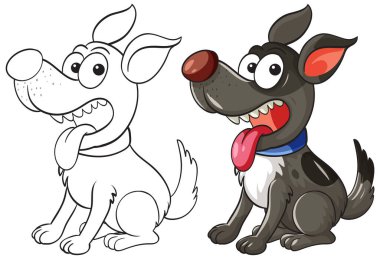 Renkli ve siyah-beyaz çizgili, cesur çizgileri ve oyuncu ifadesiyle gösterilen mutlu çizgi film köpeğinin vektör çizimi