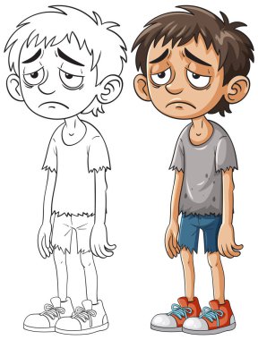 Eski püskü kıyafetler giyen, renkli ve özet versiyonlarını sergileyen üzgün bir çocuğun vektör çizimi. Basit, anlamlı karakter tasarımı