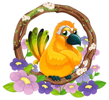 Dekoratif çelenklerle çevrili renkli bir kuş.