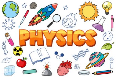 Beyaz bir arkaplan üzerinde düzenlenmiş, parlak renkler ve kalın merkezi metin ile oyuncu, çizgi film tarzı çeşitli fizik simgelerinin vektör illüstrasyonuName