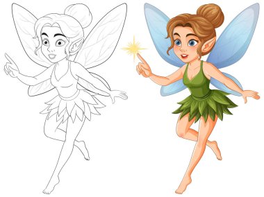 Mavi kanatları ve sihirli değneği olan bir perinin renkli vektör çizimi. Renkli ve özet sürümleri içerir