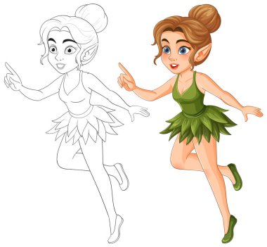 Canlı renkler ve neşeli ifadeyle detaylı karakter tasarımı sergilenen yeşil elbiseli bir perinin canlı bir vektör çizimi