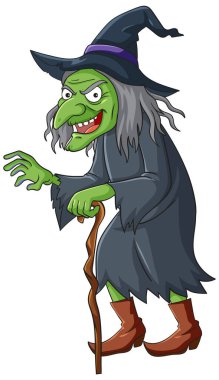 Yeşil derili klasik bir cadının vektör çizimi. Sivri uçlu bir şapka takıyor ve elinde tahta bir baston tutuyor.