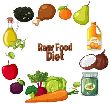 Dairesel bir kompozisyonda çeşitli ham yiyeceklerin vektör çizimi. Parlak renkler ve temiz çizgiler sağlıklı beslenmeyi ön plana çıkarır