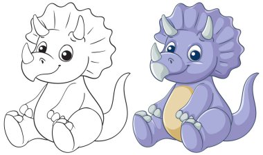 Canlı renkleri ve neşeli ifadesi olan sevimli mor triceratops çocuk medyası ve eğitim materyalleri için mükemmel.