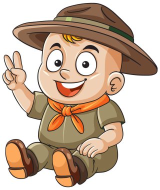 İzci üniformalı çizgi film bebeği bacak bacak üstüne atmış, gülümsüyor ve elinde barış işareti tutuyor. Parlak renkler, temiz vektör çizgileri, beyaz arkaplan